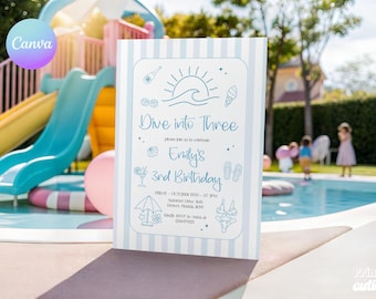 Dive into Three Pool Party Invitation – Blue Striped 3rd Birthday Template (Editable Canva File)