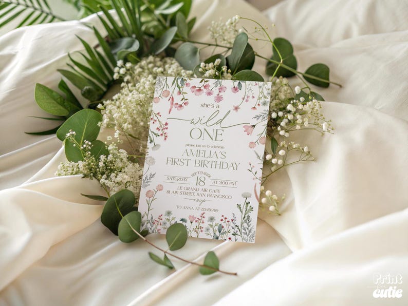 Puede incluir: Una tarjeta de invitaci&oacute;n con tem&aacute;tica floral para un primer cumplea&ntilde;os, con el texto "she's a wild ONE". La tarjeta est&aacute; rodeada de vegetaci&oacute;n y flores blancas, sobre una tela color crema.