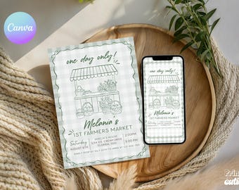 Invitaciones de cumpleaños para el primer mercado: tema "Solo un día" (plantilla editable de Canva) FK1