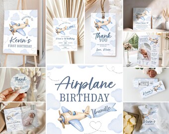 Airplane First Birthday Mega Bundle – Retro Pilot Dusty Blue Theme (Printable Template) AG1