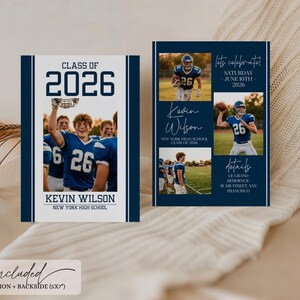 May include: Two-sided invitation with a football theme. The front features a photo of a football player in a blue jersey with the text "Class of 2026" and "Kevin Wilson". The back includes photos and event details.