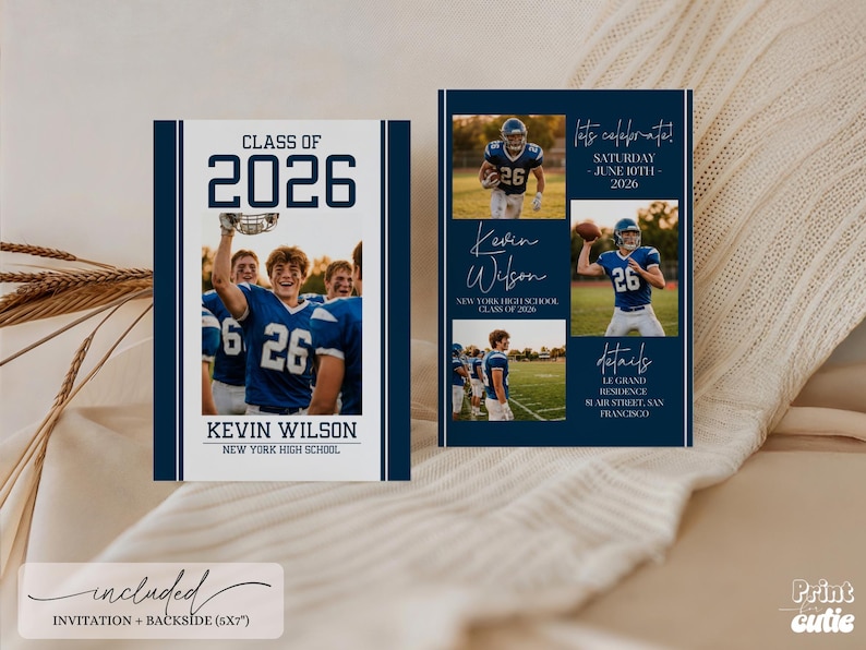 May include: Two-sided invitation with a football theme. The front features a photo of a football player in a blue jersey with the text "Class of 2026" and "Kevin Wilson". The back includes photos and event details.