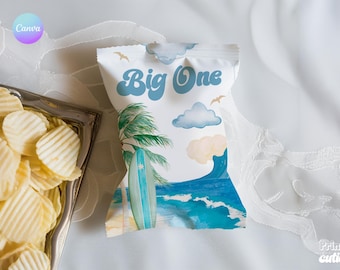 The Big One Birthday Chip Bag Wrapper, Retro Surf Ocean Theme Favor, Surfs Up Snack Cover, Party Favor Label FD1