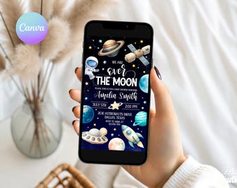 Over The Moon Space Baby Shower Phone Invitation – Astronaut Galaxy Theme (Canva Template) VU2