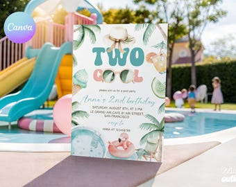 Watercolor Two Cool Pool Party Invitation – 2nd Birthday Tropical Theme (Editable Canva Template)