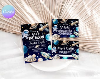 Outer Space Planet Baby Shower Stationery Set – Rocket Ship Solar System (Editable Suite) VU2