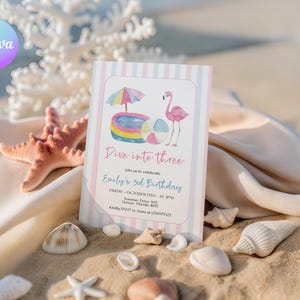 May include: A birthday invitation with a beach theme. The invitation features a flamingo, beach ball, and pool illustration. The text reads "Dive into three" and includes event details. The invitation is surrounded by seashells and a starfish.