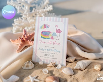 Dive into Three Pool Party Birthday Invitation – Pink Flamingo Summer Theme (Canva Template)