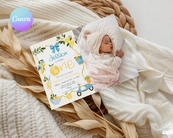 Main Squeeze 1st Birthday Photo Invitation – Italian Lemon Mediterranean Theme (Canva Template) LN1