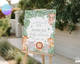 Wild One Safari Baby Shower Welcome Sign – Jungle Animal Theme (Editable Canva Template) NH2