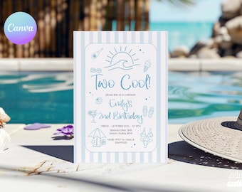 Two Cool Pool Party Invitation – Blue Striped 2nd Birthday Template (Editable Canva File)