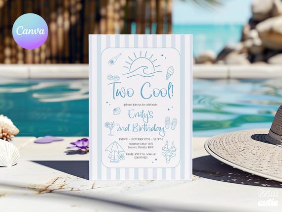 Two Cool Pool Party Invitation – Blue Striped 2nd Birthday Template (Editable Canva File)