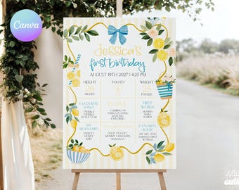 Lemonade First Birthday Milestone Poster – Blue Bow Mediterranean Style (Canva Template) LN1