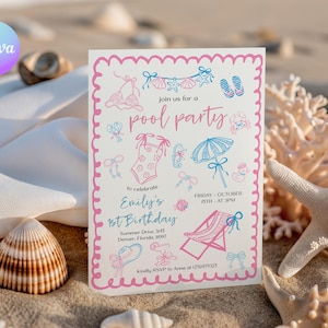 May include: A pool party invitation with a pink scalloped border, featuring illustrations of swimsuits, beach umbrellas, and a lounge chair. The invitation text reads "join us for a pool party" to celebrate Emily's 1st Birthday. The background includes seashells and sand.