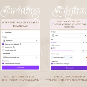 May include: A digital graphic with instructions for printing and digital file downloads. The image shows options for PDF and JPG file types, with settings for size, quality, and color profile. Text includes "Printing" and "Digital".