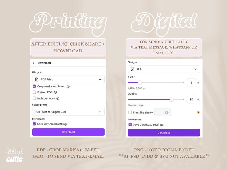 May include: A digital graphic with instructions for printing and digital file downloads. The image shows options for PDF and JPG file types, with settings for size, quality, and color profile. Text includes "Printing" and "Digital".