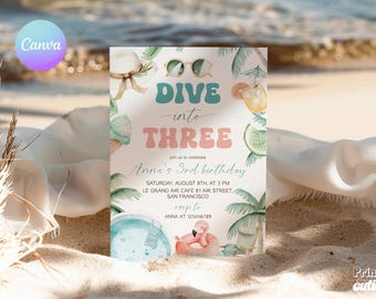 Dive into Three Pool Party Invitation – 3rd Birthday Flamingo Theme (Editable Canva)