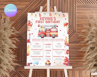 Firefighter 1st Birthday Milestone Board – Sound The Alarm Stats (Editable Canva Template) FE1