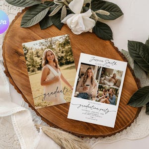 May include: Two graduation announcements on a wooden tray. One features a photo of a graduate with the word "graduate" in script. The other has three photos and text that reads "Jessica Smith Class of 2020" and "graduation party".