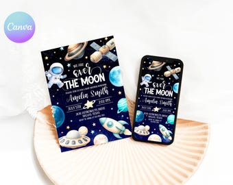 Over The Moon Space Baby Shower Invitation – Astronaut Galaxy Theme (Canva Template) VU2