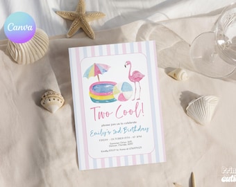Two Cool Pool Party Birthday Invitation – Pink Flamingo Summer Theme (Canva Template)