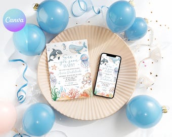 Watercolor Ocean Baby Shower Invitation Set – Sea You Soon (Printable DIY Template) UJ2