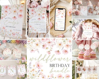 Little Wildflower First Birthday Bundle – Spring Garden Theme (Editable Canva Template) ED1
