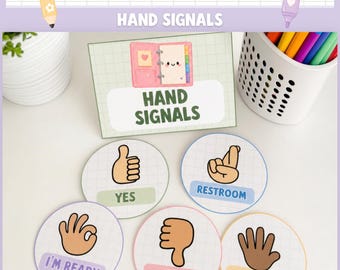 Editable Bright Hand Signals Posters, Playful Classroom Management Signs Canva DB1
