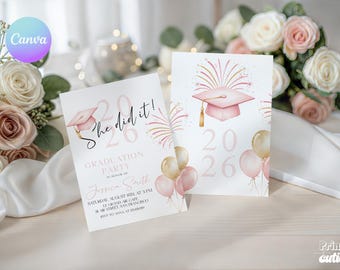 Pink and Gold Graduation Invitation – "She Did It" Class of 2026 (Editable Canva Template)