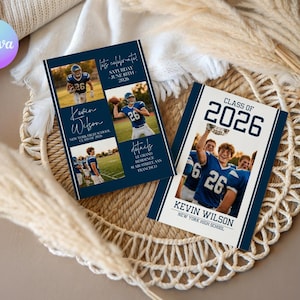 May include: Two navy blue graduation announcements with photos of a football player. One card reads "Class of 2026" and "Kevin Wilson, New York High School." The other card says "Let's celebrate! Saturday June 10th 2026."