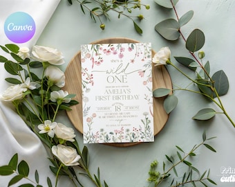Wildflower 1st Birthday Invite – She's a Wild One Floral Theme (Editable Canva Template)