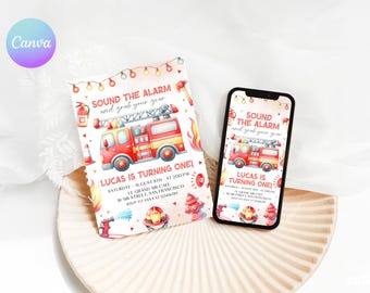 Invitación para el primer cumpleaños de bombero: tema "Suena la alarma" (plantilla editable de Canva) FE1