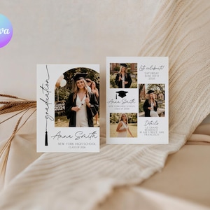 May include: Graduation announcement cards featuring a graduate in a cap and gown. The cards include the graduate's name, school, and graduation year. The design is minimalist with a script font and a tassel graphic.