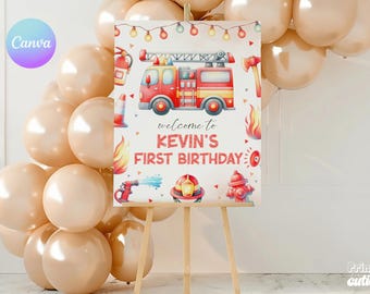 Firefighter 1st Birthday Welcome Sign – Sound The Alarm Theme (Editable Canva Template) FE1