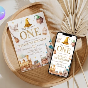 May include: A printed invitation and a smartphone displaying a digital version of the same invitation for Kevin's 1st birthday. The design features watercolor illustrations of a train, a castle, an owl, a wizard hat, and books with gold text.