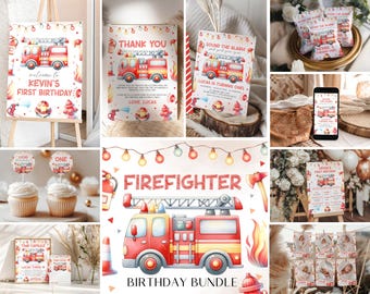 Firefighter 1st Birthday Bundle – Sound The Alarm Theme (Editable Canva Template) FE1