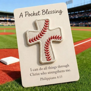 May include: A Pocket Blessing card featuring a baseball-stitched cross. The card includes the text "I can do all things through Christ who strengthens me. Philippians 4:13". The card is set against a baseball field background.