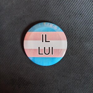 Op de afbeelding: Een ronde button met horizontale strepen in lichtblauw, lichtroze en wit. De tekst IL LUI is in zwarte, schreefloze hoofdletters in het midden van de button gedrukt, gepositioneerd over de witte streep.