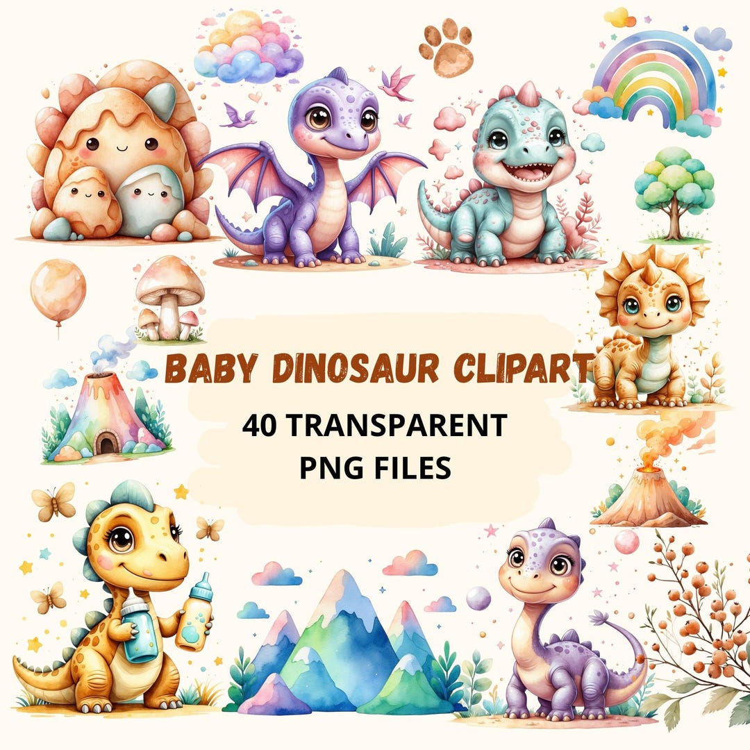 Baby Dinosaur Clipart Set, 40 PNG Transparent Dino Illustrations for ...