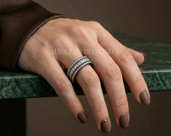 3 Row Princess Cut Moissanite Eternity Band Black Rhodium Wedding Jewelry Gothic Bridal Ring Heavy Pave Setting Art Deco Statement Band