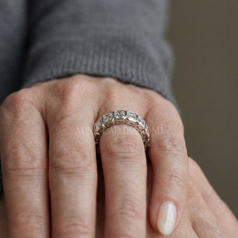 Asscher Cut Moissanite Full Eternity Band 14k Gold Bezel Stacking ...