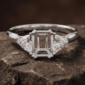 Custom Emerald Cut Ring Setting Semi Mount 925 Sterling Silver Three Stone Engagement Ring Blank Moissanite Trillion Ring Setting DIY Gift
