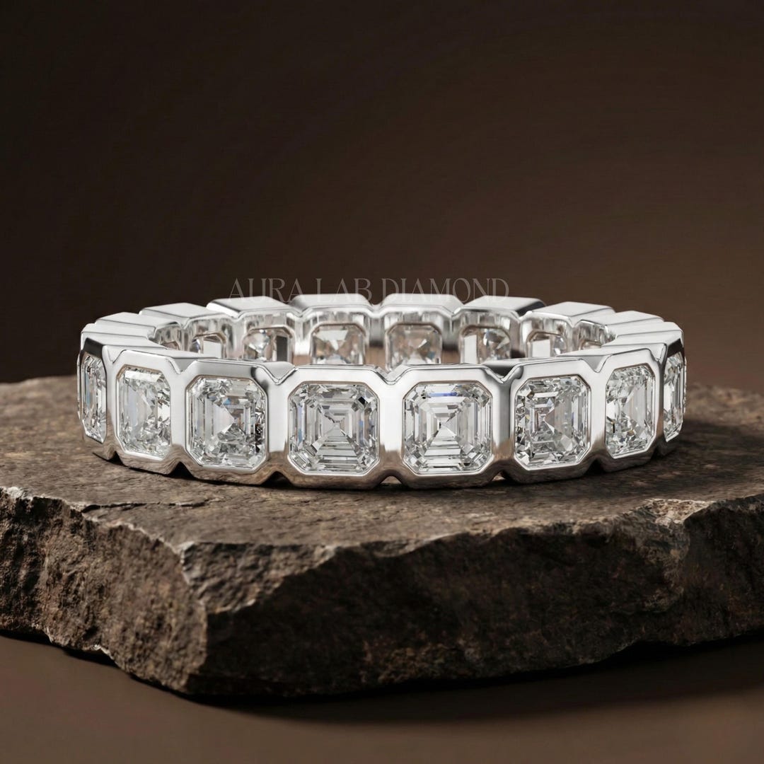 Asscher Cut Moissanite Full Eternity Band 14k Gold Bezel Stacking ...