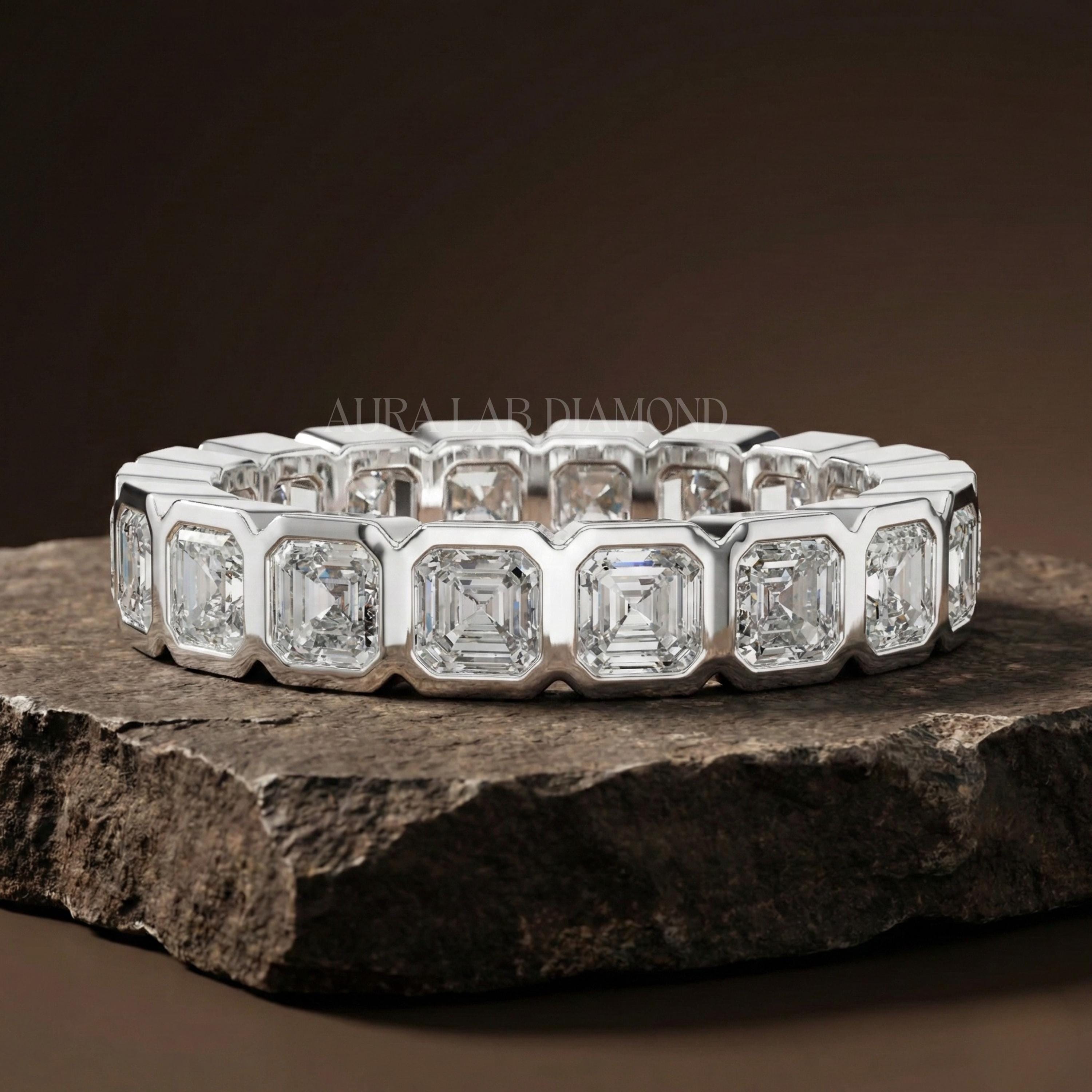 Asscher Cut Moissanite Full Eternity Band 14k Gold Bezel Stacking ...