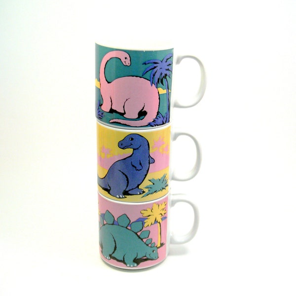 Pastel Dinosaur Mugs, Vintage 1980s Prehistoric Coffee Cup Set