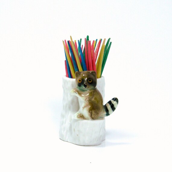 Items similar to Raccoon Toothpick Holder, Vintage 1950s Ceramic Stump