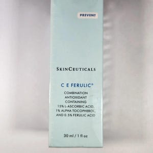 May include: A light blue skincare product box with the text "PREVENT" at the top. The box features the brand name "SkinCeuticals" and product details, including "C E Ferulic" and the volume: 1 fl oz (30 ml).