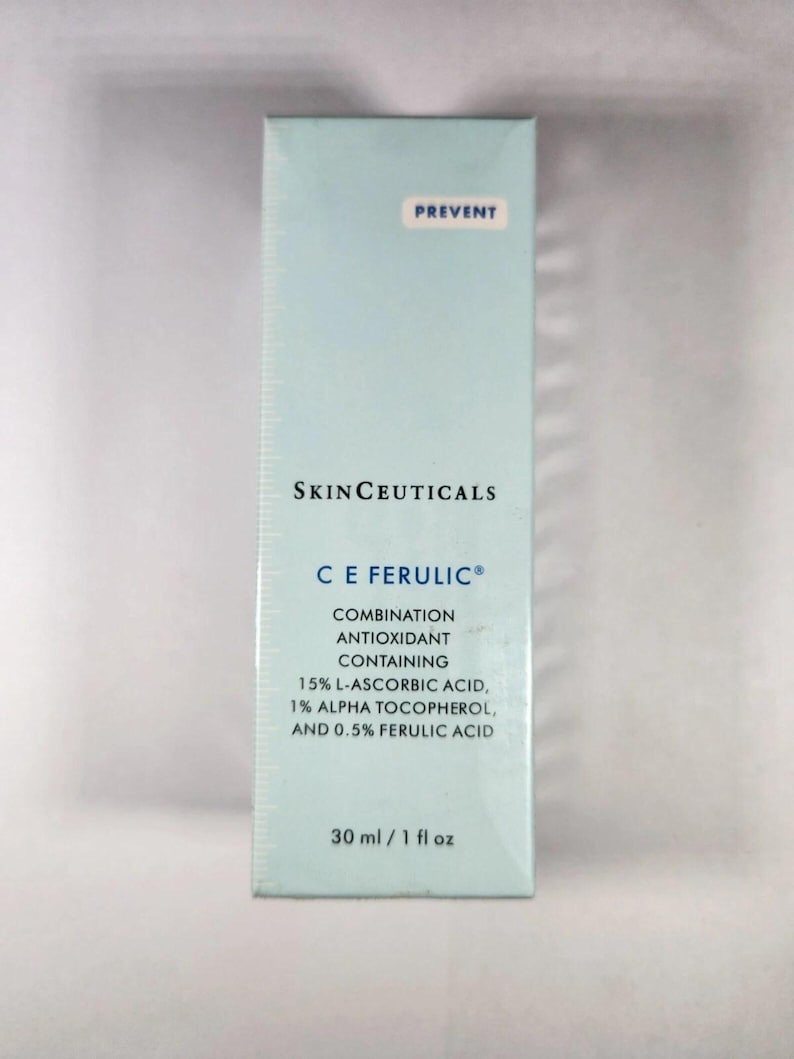 May include: A light blue skincare product box with the text "PREVENT" at the top. The box features the brand name "SkinCeuticals" and product details, including "C E Ferulic" and the volume: 1 fl oz (30 ml).