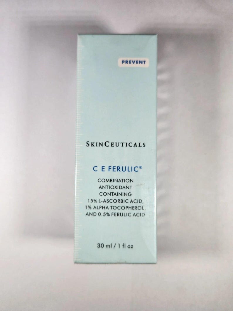 May include: A light blue skincare product box with the text "PREVENT" at the top. The box features the brand name "SkinCeuticals" and product details, including "C E Ferulic" and the volume of 1 fl oz.