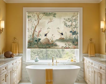 Custom Printed Window Shade, Chinoiserie and Floral  Blackout Roller Blind